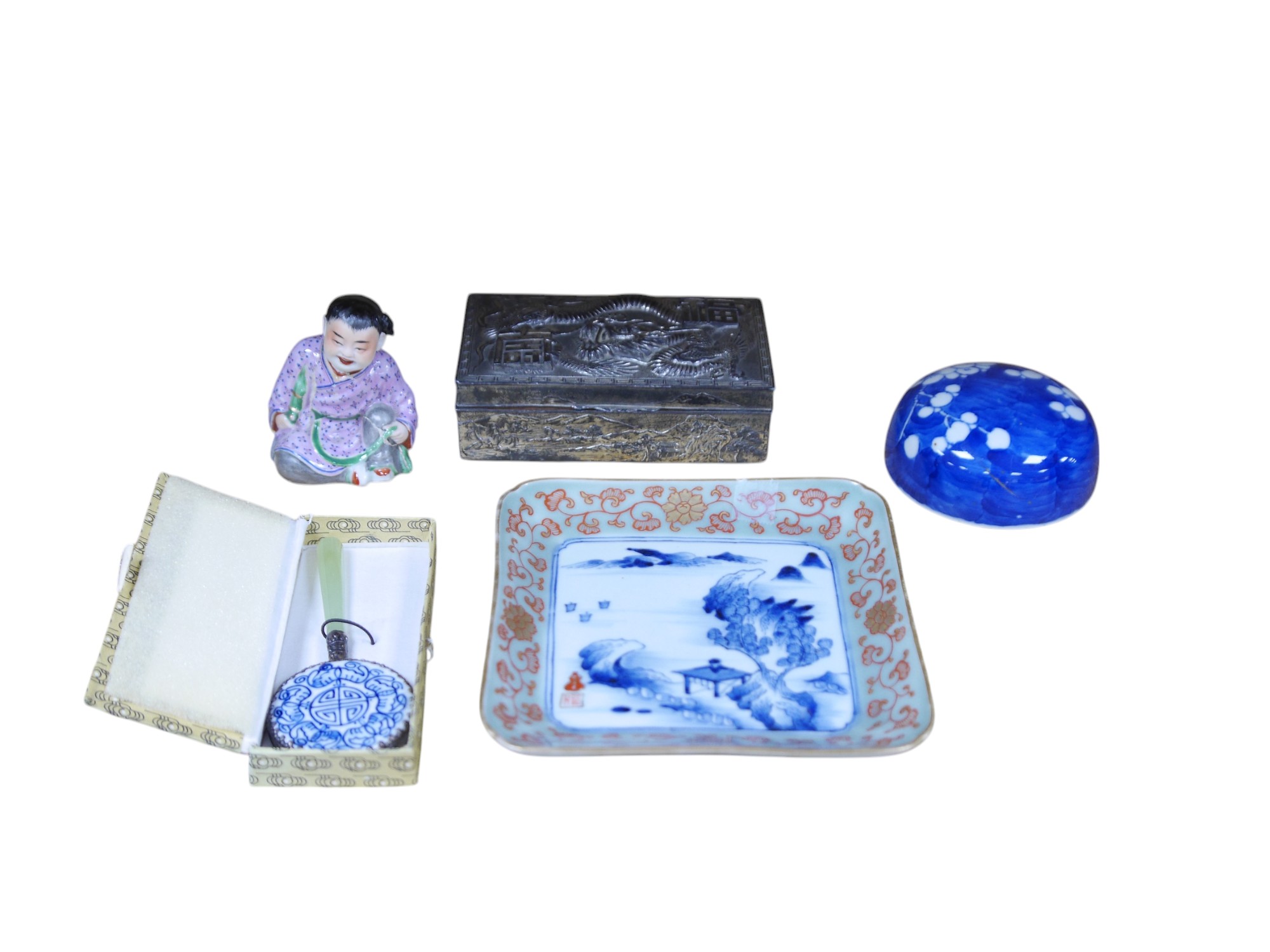 A group of Chinese and Japanese items to include silvered dragon box, hand mirror and square dish. Condition - varies